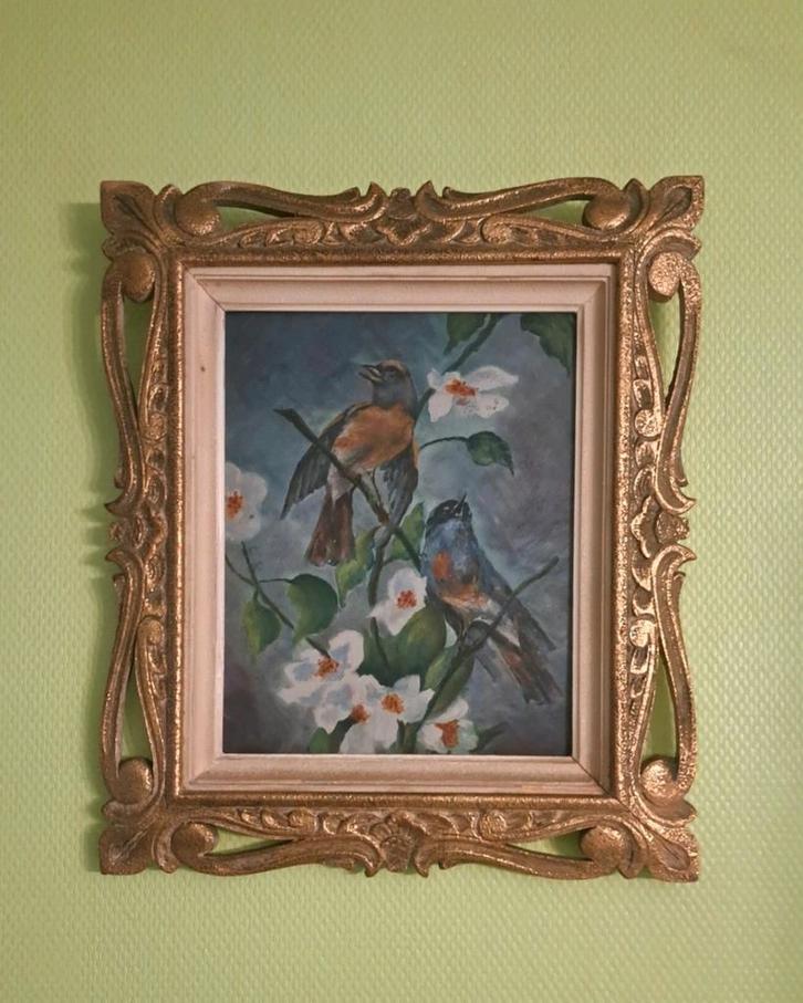 Cadre peinture naturaliste sur bois oiseaux fleurs, Antiquités & Art, Art | Peinture | Classique, Enlèvement ou Envoi