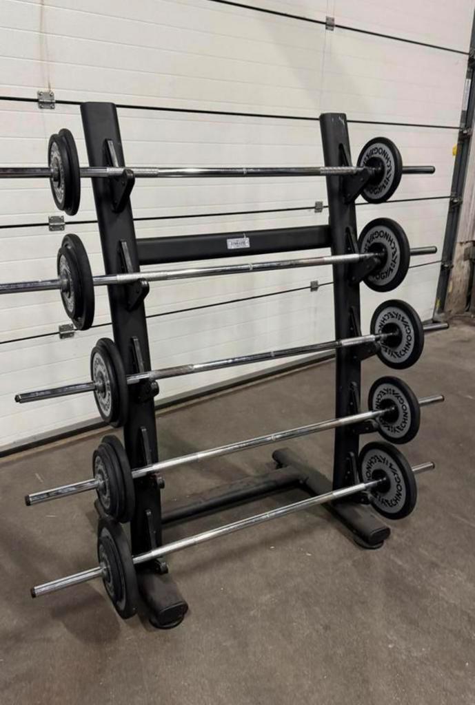 Technogym Vaste Halterstangen 15kg t/m 30kg + Opbergrek, Sports & Fitness, Équipement de fitness, Utilisé, Barre d'haltères, Enlèvement