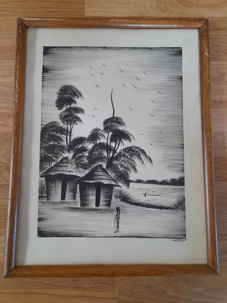 Tekening in Oost-Indische inkt, gesigneerd Lomange, Antiek en Kunst, Kunst | Tekeningen en Fotografie, Ophalen of Verzenden