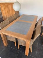 Teak tafel met blauwe leistenen, Huis en Inrichting, Tafels | Eettafels, Teakhout, Ophalen of Verzenden, Zo goed als nieuw, Vijf personen of meer