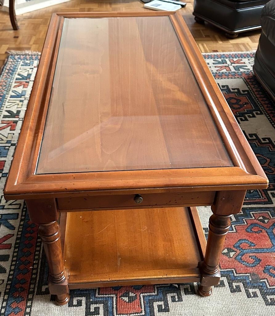 Table basse de salon en bois massif et verre avec tiroir, 100 à 150 cm, Moins de 50 cm, Enlèvement, Utilisé