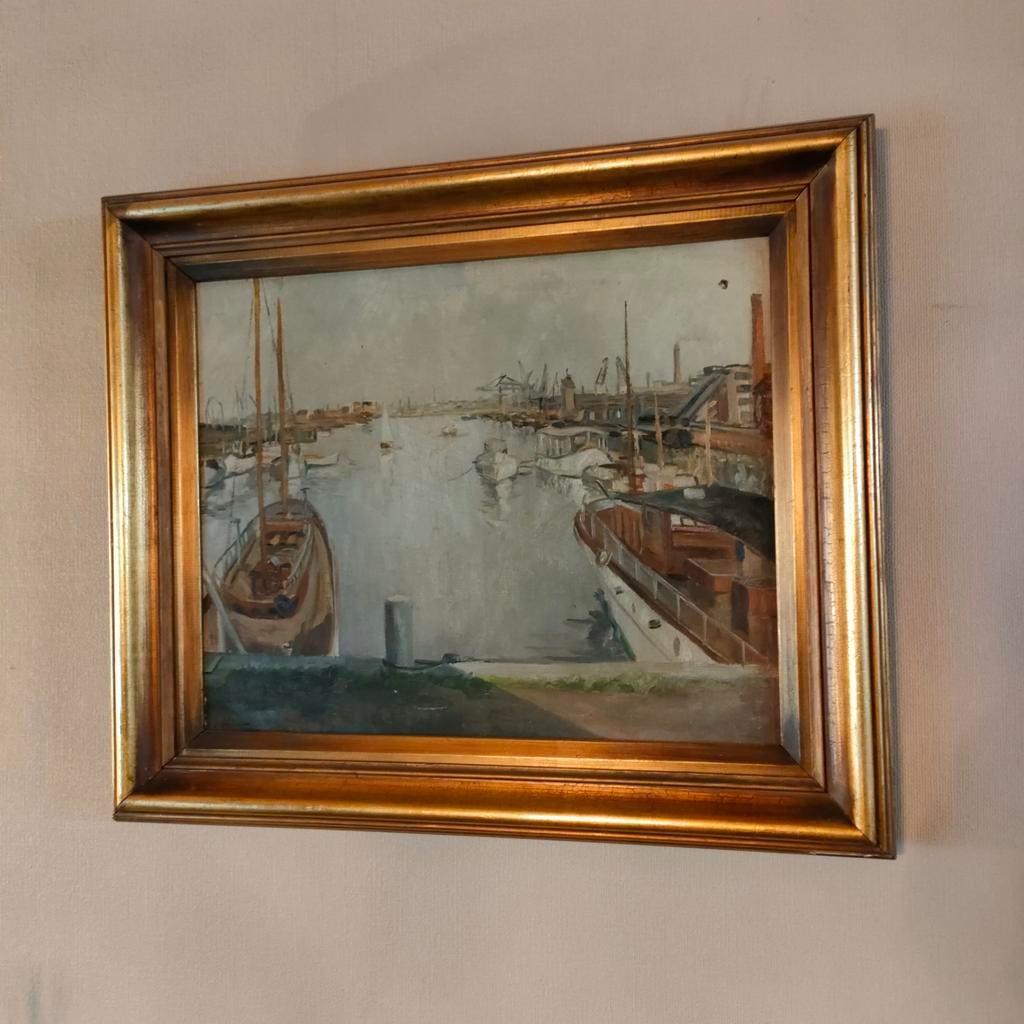 olieverfschilderij van een havengezicht (Herrmans?), Antiek en Kunst, Kunst | Schilderijen | Klassiek, Ophalen