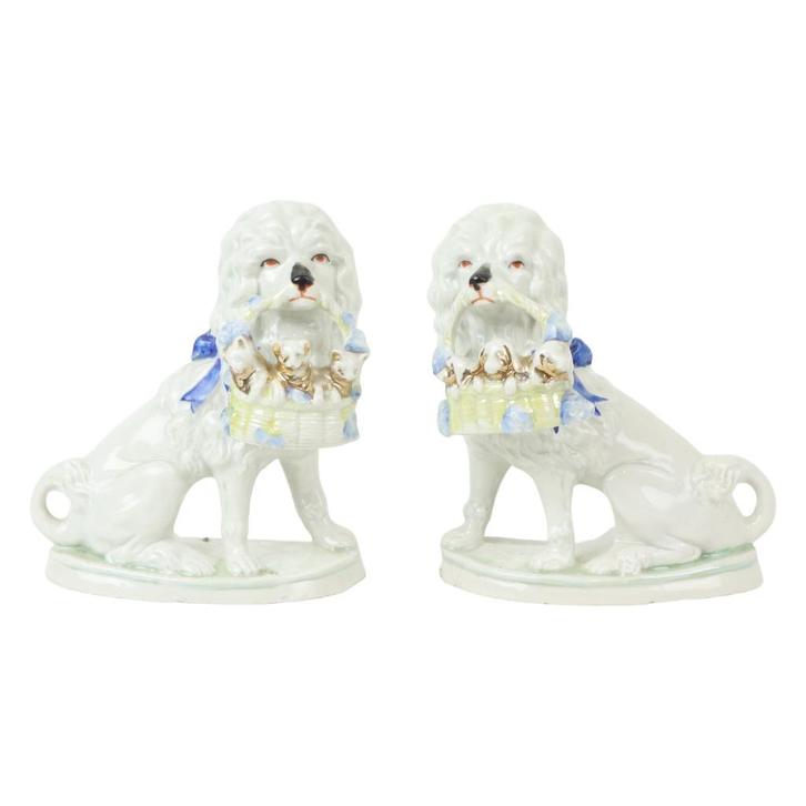 Koppel Honden Poedel Beelden Porselein 19de Eeuw Jugendstil, Antiek en Kunst, Antiek | Porselein, Ophalen