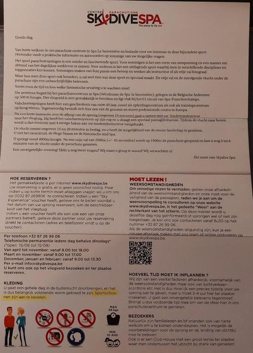 Parachutesprong SPA + videoveslag 3D, Tickets en Kaartjes, Sport | Overige, Twee personen, Juni