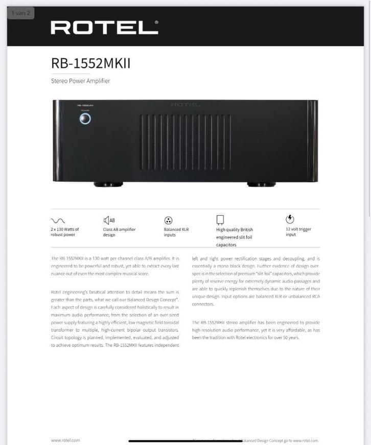 Prachtige ROTEL Power Amplifier RB 1552 MKII, Audio, Tv en Foto, Versterkers en Ontvangers, Zo goed als nieuw, Stereo, 120 watt of meer