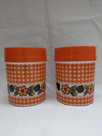 Vintage 70s Plastic Kitchen Canisters – Orange Floral (Set o, Ophalen, Gebruikt, Oranje, Bus of Trommel