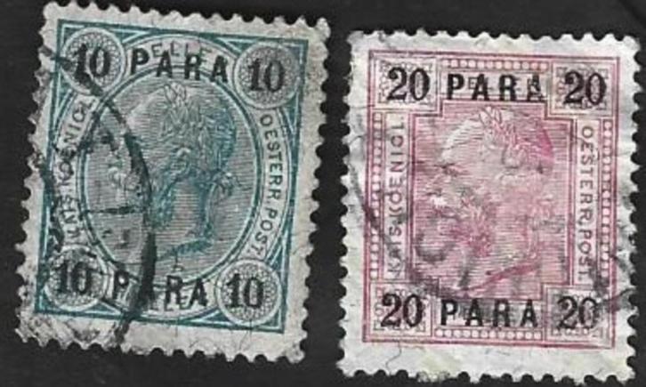 2 Postzegels Keizer Franz-Josef I 1903 Opdruk, Postzegels en Munten, Postzegels | Europa | Oostenrijk, Gestempeld, Ophalen of Verzenden