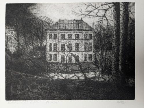 Injas Devoldere - ets - 1985 - kasteel slotendries Oostakker, Antiek en Kunst, Kunst | Etsen en Gravures, Ophalen of Verzenden