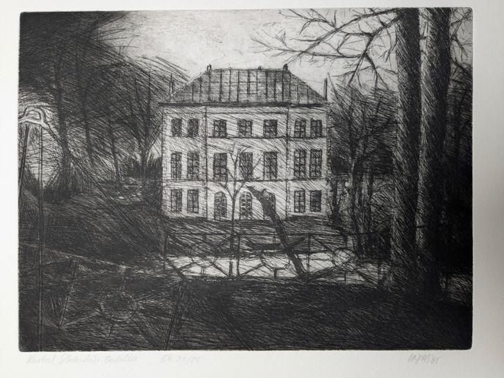 Injas Devoldere - ets - 1985 - kasteel slotendries Oostakker, Antiek en Kunst, Kunst | Etsen en Gravures, Ophalen of Verzenden