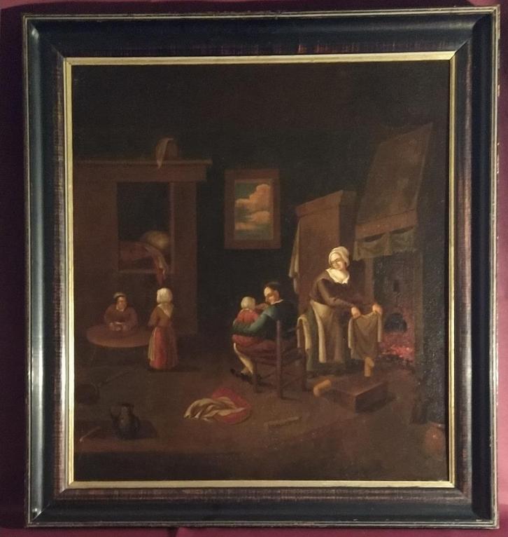 Vlaamse schilderkunst XVII - XVIII „Familiescène”., Antiek en Kunst, Kunst | Schilderijen | Klassiek, Ophalen