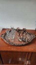 Antiek dienblad met glazen zilveren houder., Antiek en Kunst, Ophalen of Verzenden