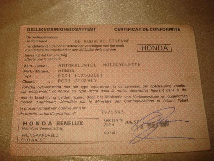 Ancien Certificat Conformité Moto Honda CX-500 CB 1985, Motoren, Handleidingen en Instructieboekjes, Honda, Ophalen of Verzenden