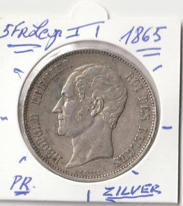 BELGIE 5 FR 1865 LEOPOLD 1-ZILVER PRACHTIG, Enlèvement ou Envoi, Argent, Argent