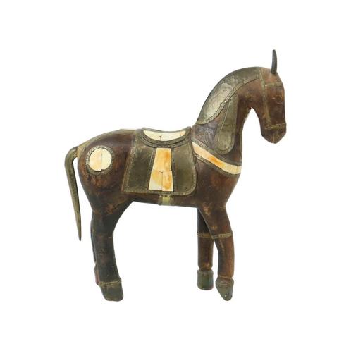 Vintage Marwari Paard Gesneden Hout Ingelegd met Been Koper, Verzamelen, Beelden en Beeldjes, Gebruikt, Dier, Ophalen of Verzenden