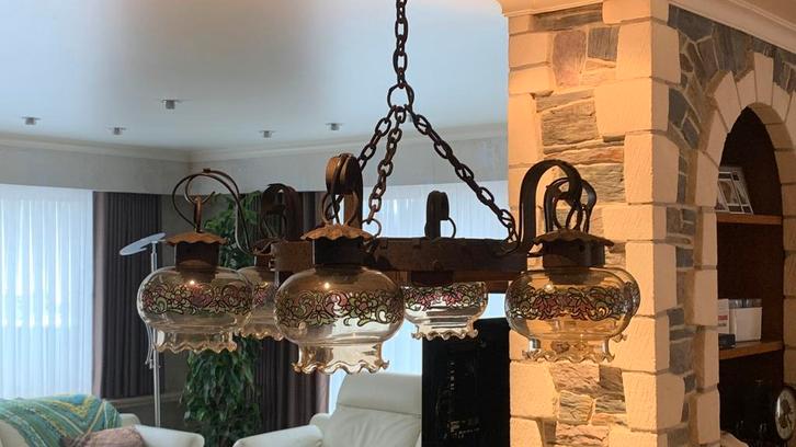 Lustres rustiques, Maison & Meubles, Lampes | Suspensions, Utilisé, 50 à 75 cm, Verre, Bois, Métal, Enlèvement