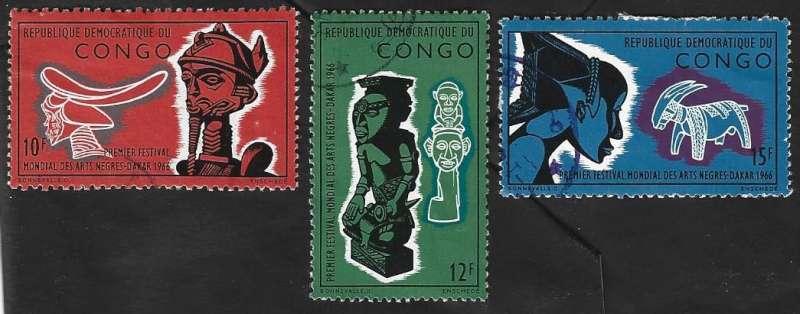 3 Postzegels Congo-Kinshasa 1966 Wereldfestival van kunst, Enlèvement ou Envoi, Autres pays, Affranchi
