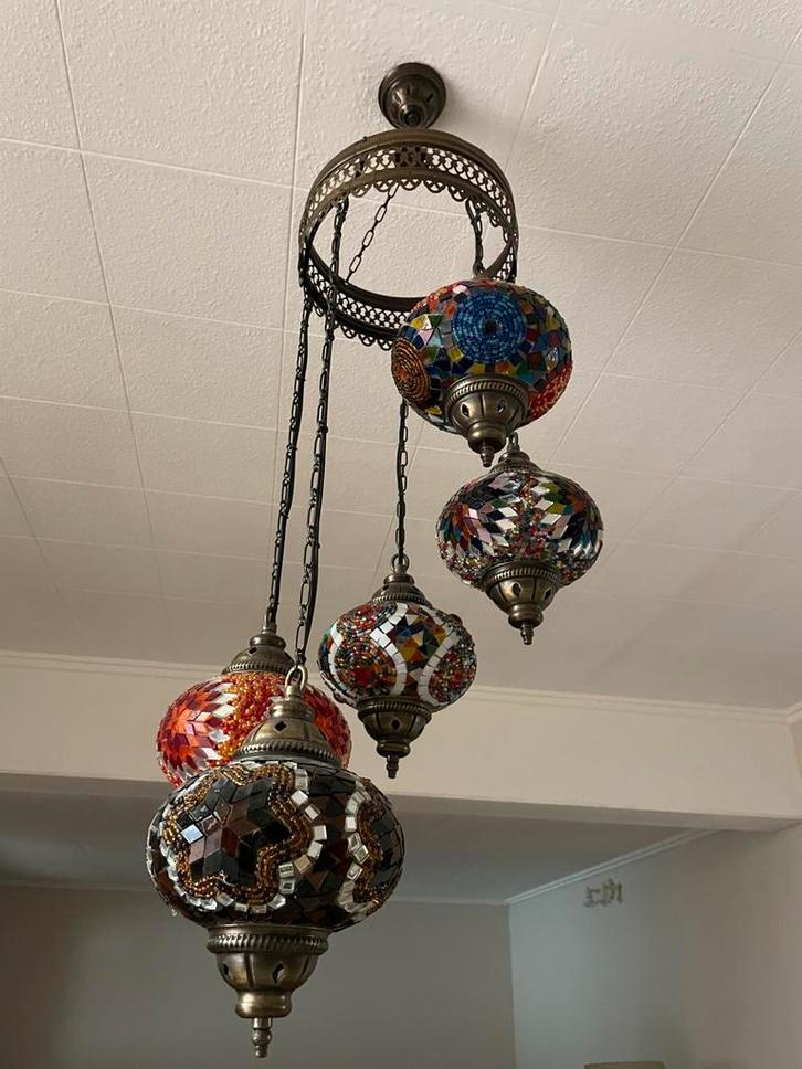 Unieke Turkse mozaïek hanglamp – 5 lichtpunten, Maison & Meubles, Lampes | Suspensions, Comme neuf, Enlèvement