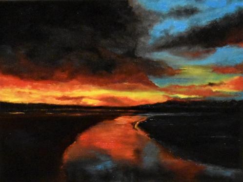 zonsonderganglandschapsschilderij met reflectie, door joky k, Antiek en Kunst, Kunst | Schilderijen | Modern, Ophalen