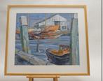 Havengezicht met vissersboten en loods, Antiek en Kunst, Ophalen