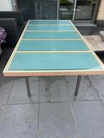 Eettafel met glazen blad, esdoorn kader en inox onderstel, Huis en Inrichting, Tafels | Eettafels, Ophalen, Overige materialen