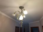 Koperen lamp met lampen in bloemmotief, Gebruikt, 50 tot 75 cm, Ophalen, Glas