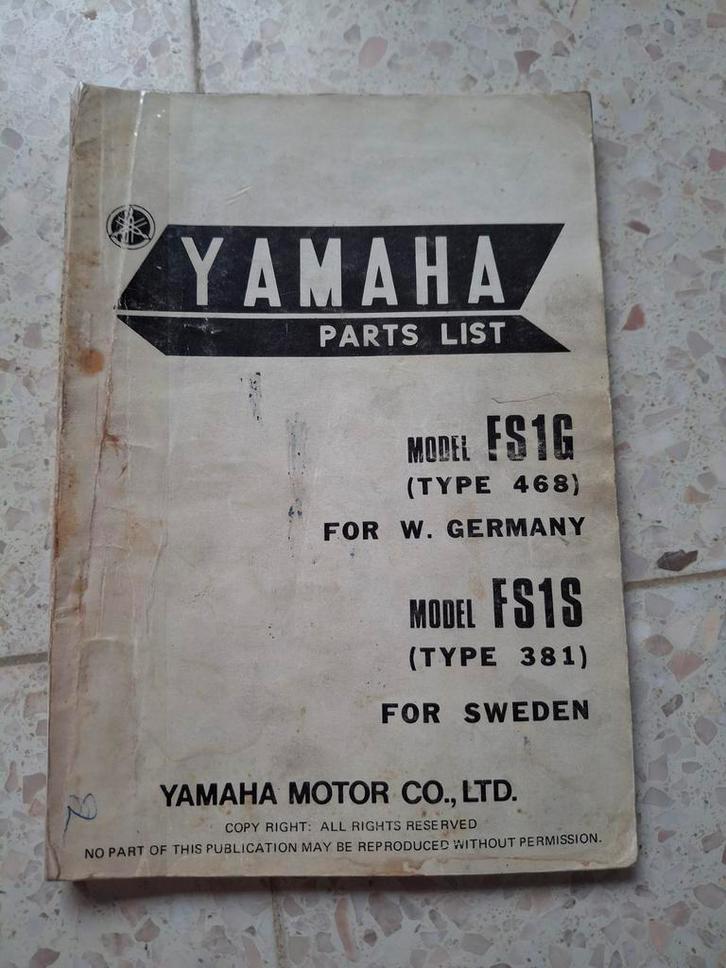 Yamaha FS1G type 468  & FS1S Type 381. Parts Book, Vélos & Vélomoteurs, Modes d'emploi & Notices d'utilisation, Comme neuf, Enlèvement ou Envoi
