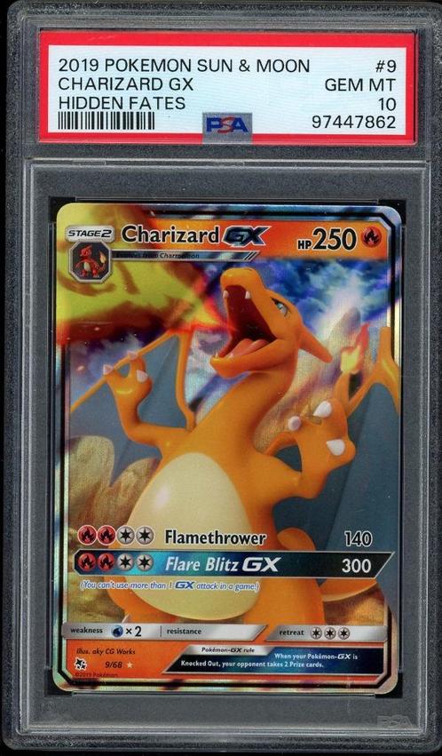 Charizard GX PSA 10 - 9/68 - Sun & Moon - Hidden Fates 2019, Hobby en Vrije tijd, Verzamelkaartspellen | Pokémon, Zo goed als nieuw