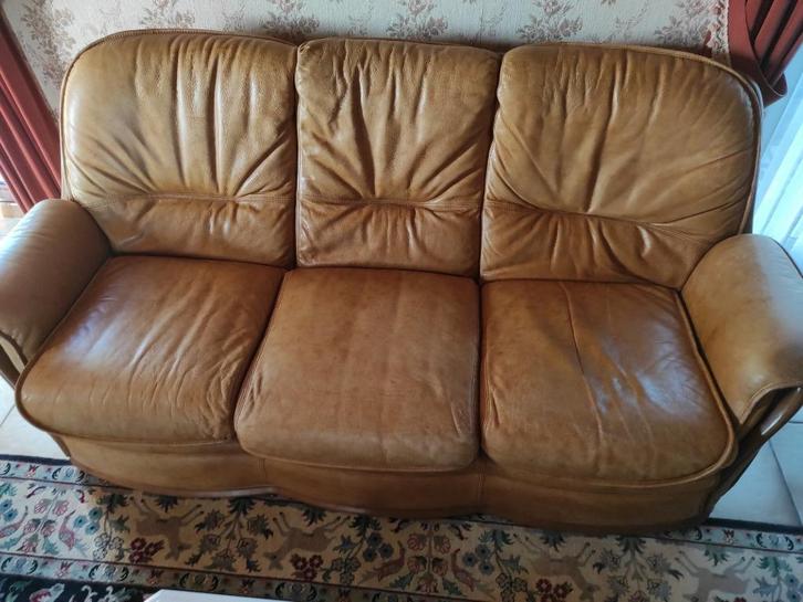 Lederen salon, 3-zit en 1-zit, lichtbruin, Huis en Inrichting, Zetels | Zetels, Gebruikt, Rechte bank, Vierpersoons of meer, 150 tot 200 cm