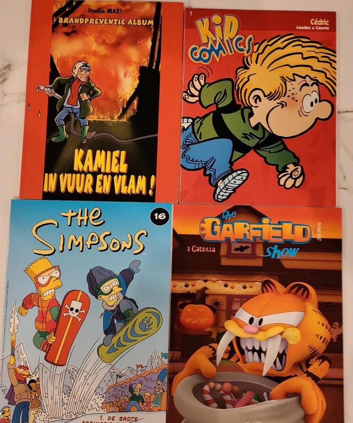 4 Strips: Garfield, Thé Simpsons, Cédric en Kamiel Spiessens, Boeken, Stripverhalen, Ophalen