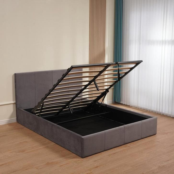 Lit coffre 160x200 Velours Gris – Design Moderne & Rangement, Huis en Inrichting, Slaapkamer | Bedden, Grijs, Ophalen of Verzenden