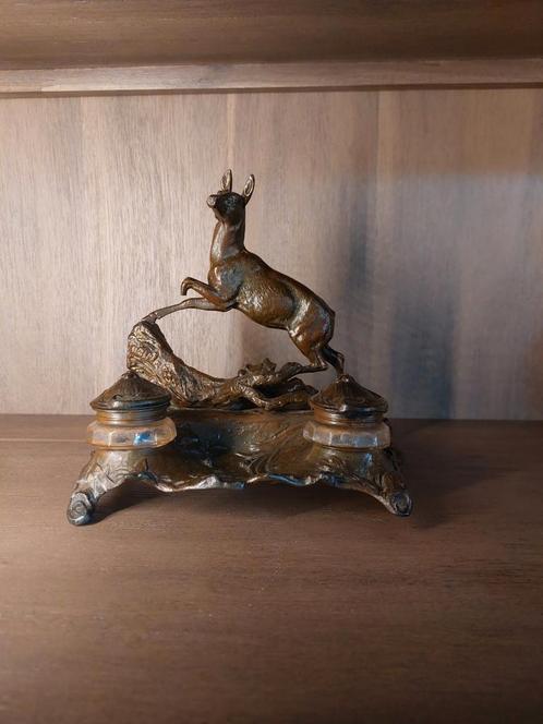 Antiek vintage inktpot inktstel met hert Gesigneerd Brossy, Antiek en Kunst, Antiek | Brons en Koper, Koper, Verzenden