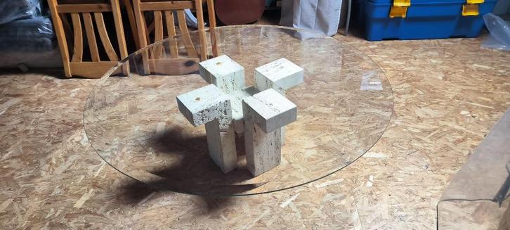 Table basse de salon ronde en travertin et verre, Maison & Meubles, Tables | Tables de salon, Utilisé, Moins de 50 cm, 100 à 150 cm