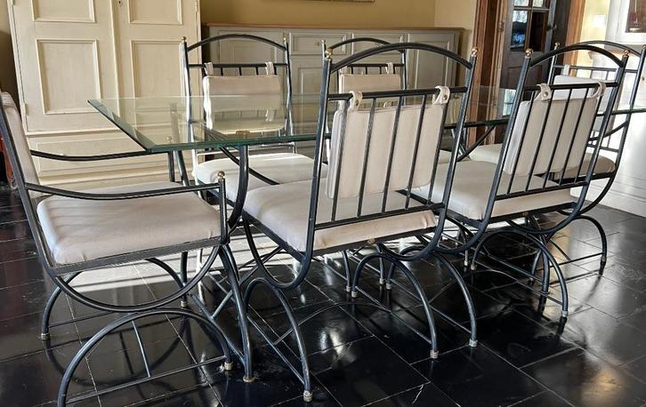 Mooie glazen eettafel met 6 stoelen, Huis en Inrichting, Tafels | Eettafels, Gebruikt, Vijf personen of meer, Rechthoekig, Metaal