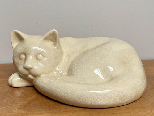 Grote Art Deco CAT uit 1940 in gebarsten keramiek, gesigneer, Antiek en Kunst, Antiek | Porselein, Ophalen of Verzenden