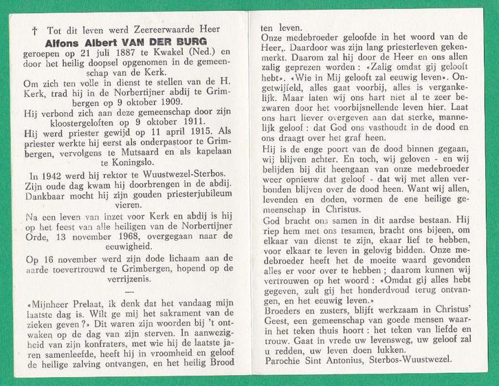 DP Norbertijn Alfons Albert Van Der Burg, Verzamelen, Bidprentjes en Rouwkaarten, Bidprentje, Verzenden