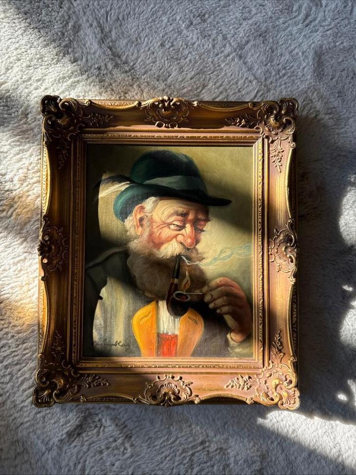 Vintage portret van een oude man met Pijp - Ingelijst, Antiek en Kunst, Kunst | Schilderijen | Klassiek, Ophalen of Verzenden