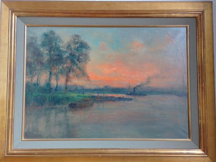 Romain Steppe  1859 - 1927   Riviergezicht valavond, Antiek en Kunst, Kunst | Schilderijen | Klassiek, Verzenden