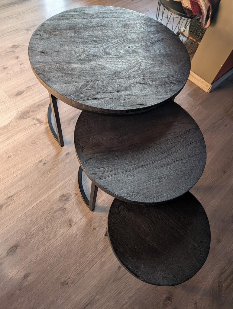 Salontafel set. 3 stuks met zwart mangohout blad., Ophalen