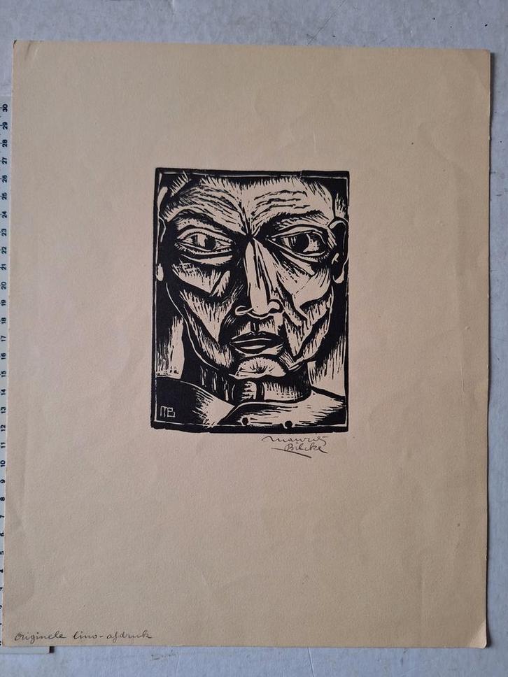 Expressieve linosnede Maurits Bilcke "Hoofd van een man ", Antiek en Kunst, Kunst | Etsen en Gravures, Ophalen of Verzenden