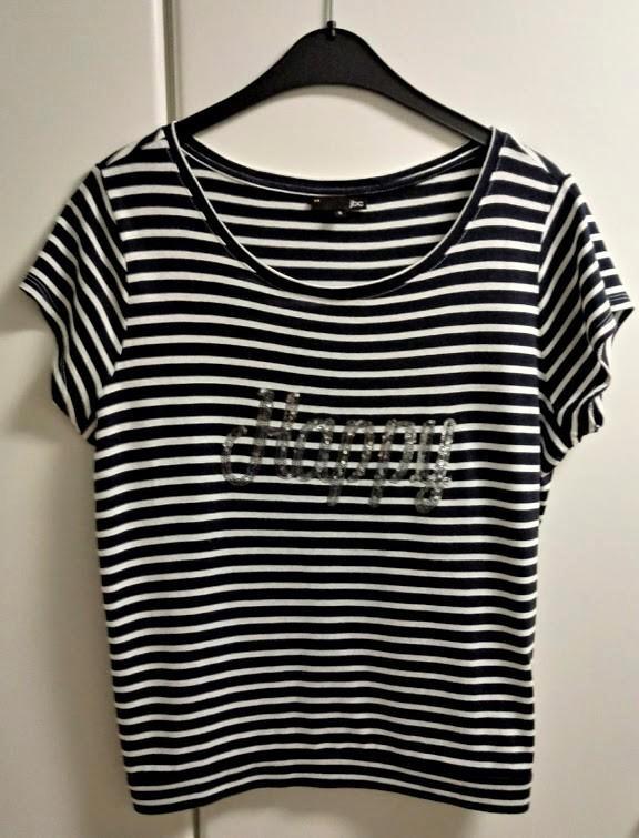 Blauw/wit gestreepte T-shirt met korte mouwen "HAPPY", S, Kleding | Dames, T-shirts, Zo goed als nieuw, Blauw, Ophalen of Verzenden