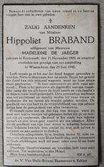 Bidprentje Hippoliet Brabant munitie ontploffing Waarschoot, Verzamelen, Verzenden, Bidprentje
