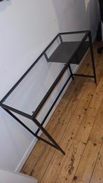 Strakke glazen tafel met mat zwart metalen frame - 36x100 cm, Ophalen, Moder., Zo goed als nieuw, Metaal