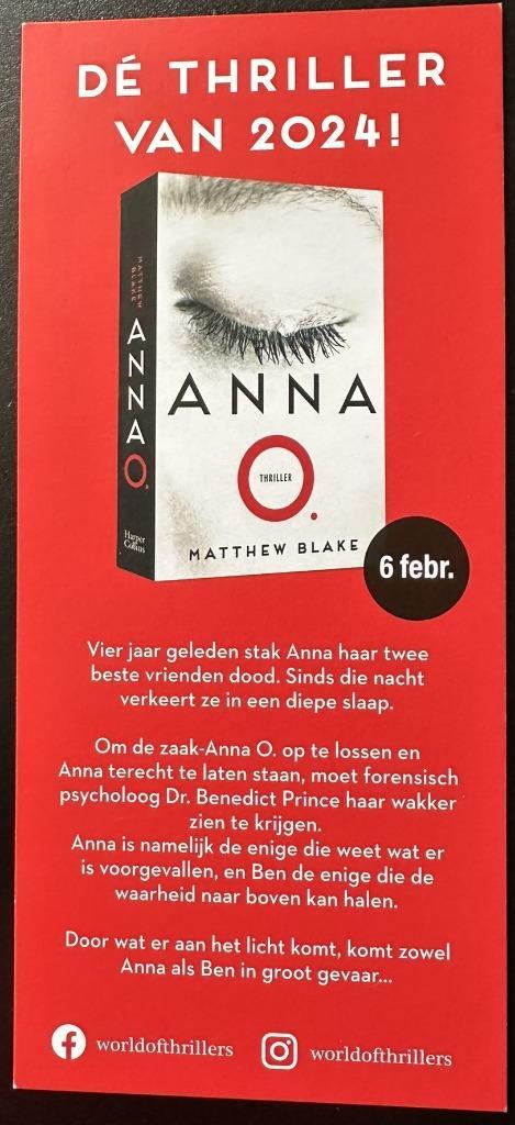 ANNA O Matthew Blake, Boeken, Thrillers, Zo goed als nieuw, Nederland, Ophalen of Verzenden