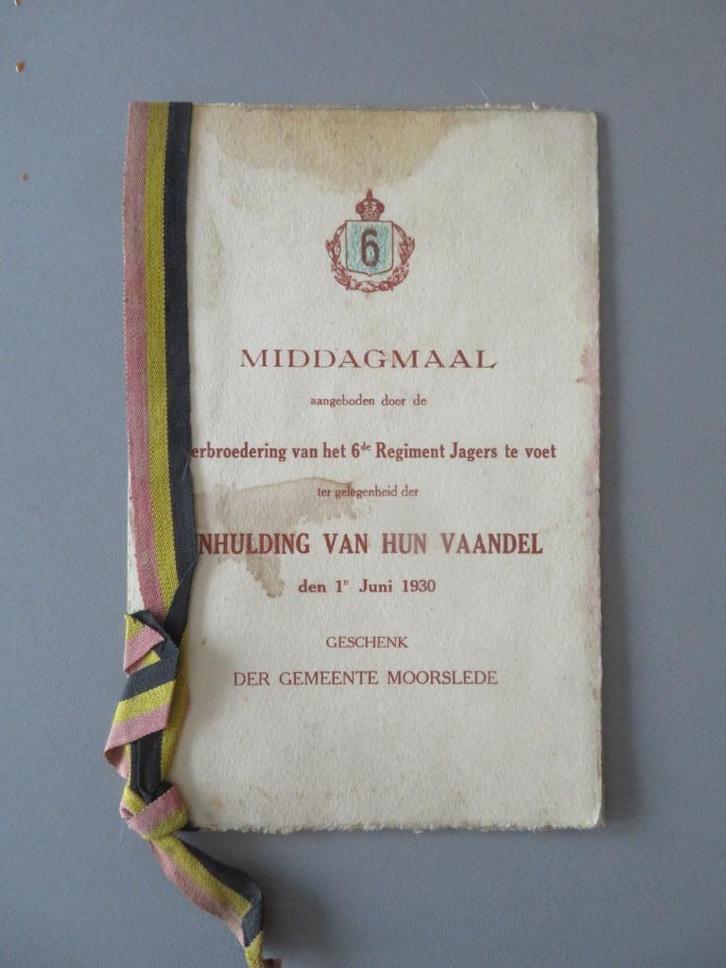 Moorslede 1930 MENU fraternisation 6e Reg. Chasseurs à pied, Collections, Objets militaires | Général, Autres, Envoi