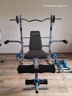 Bank met gewichten halters en schijven, Sport en Fitness, Ophalen, Zo goed als nieuw