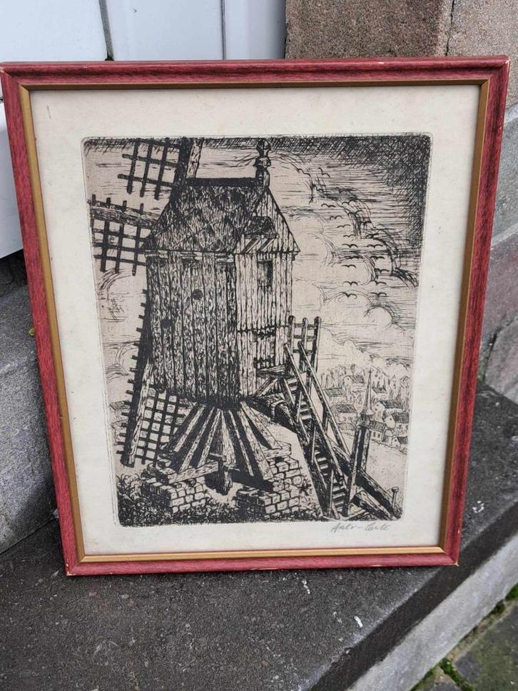 eau forte moulin signe Anto carte, Antiek en Kunst, Kunst | Etsen en Gravures, Ophalen of Verzenden