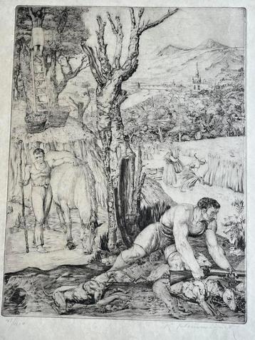 Ets Eauforte kopergravure R. Crommelynck jacht op everzwijn beschikbaar voor biedingen