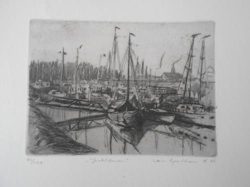 2 werken van Robby van Goethem Ets Jachthaven en linosnede, Antiek en Kunst, Kunst | Etsen en Gravures, Verzenden