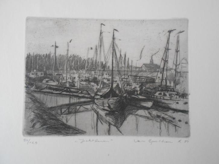 2 werken van Robby van Goethem Ets Jachthaven en linosnede, Antiek en Kunst, Kunst | Etsen en Gravures, Verzenden