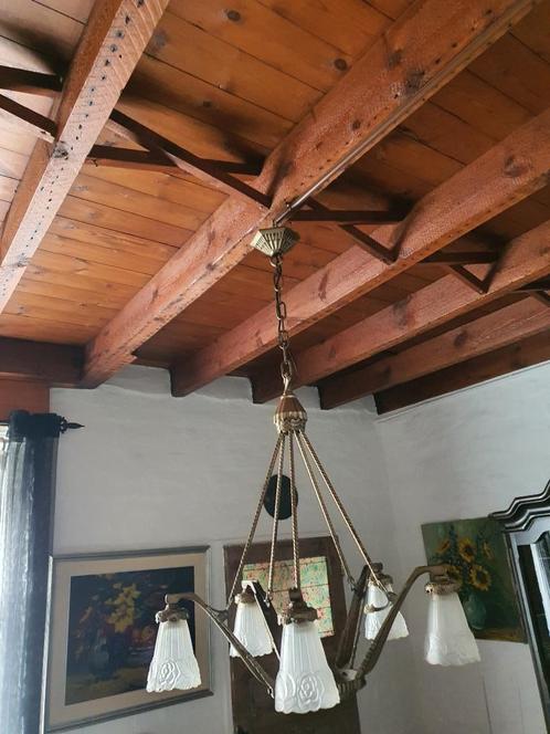 5 armige  koperen zware luchter in Art-deco met een diameter, Huis en Inrichting, Lampen | Hanglampen, Gebruikt, 50 tot 75 cm